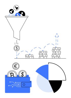 Huni insanları gelir akışına filtreler, birikmiş paralar büyümeyi gösterir, cüzdanda çeşitli para birimleri pasta grafiği veri içgörüleri gösterir. İş, pazarlama, finans, analitik, veri için ideal