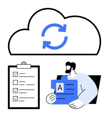 A alfabesindeki belge parçasını tutan adam. Pano ve okları tazelenmiş bulut simgesi. Takım çalışması, üretkenlik, depolama, organizasyon, veri paylaşımı, güncellemeler, basit iniş sayfası için ideal