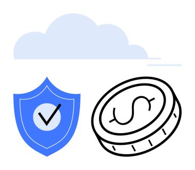 İşaretli mavi kalkan ve ışık bulutunun altında bir dolar. Finans, dijital koruma, sigorta, tasarruf, bulut hesaplama, güven, basit iniş sayfası için ideal