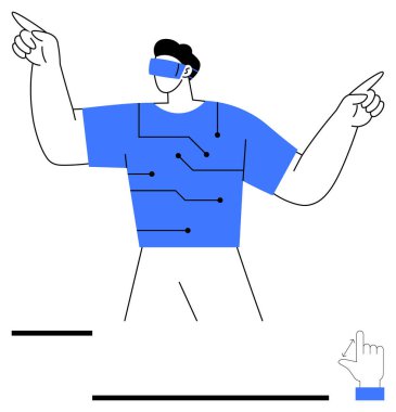 VR kulaklık takan ve iki tarafı gösteren devre grafikleri olan bir adam. Teknoloji, yenilik, sanal gerçeklik, gelecek, dijital etkileşim, oyun, insan-bilgisayar etkileşimi için ideal. Düz