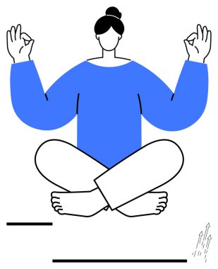 Sakin bir kadın, meditasyonda el hareketleriyle bacak bacak bacak üstüne atarak oturuyor. Rahatlama, farkındalık, kendine dikkat, odaklanma, sağIık, denge ve akıl sağlığı için ideal. Düz basit metafor