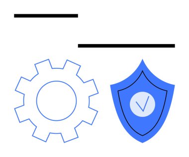 Mavi çizgili teçhizat ve işaretli kalkan sistem optimizasyonunu ve siber güvenliği vurguluyor. Teknoloji, otomasyon, bakım, güvenlik, uygulamalar, yazılım, basit iniş sayfası için ideal