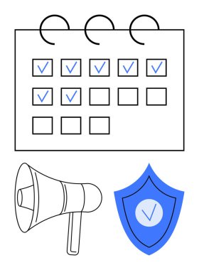 İşaretli günlerin takvimi, megafon ve kalkan programlamayı, iletişimi, korumayı sembolize ediyor. Planlama, güvenlik, terfi, etkinlik yönetimi, takım çalışması bildirimi için ideal