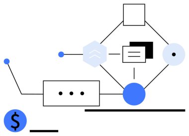 Noktalı, çizgili, altıgen, geometrik şekilli ve dolar işaretli soyut akış şeması. İş akışı, finans, iş stratejisi, veri organizasyonu teknik tasarım bilgi akışı için idealdir basit iniş