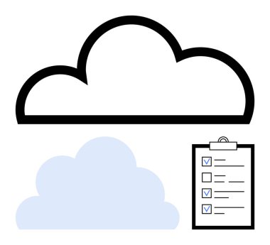 Bulut deposunu temsil eden iki bulut ve görev yönetimi ve veri organizasyonunu yansıtan bir kontrol listesi. Üretkenlik, bulut hesaplama, veri yedekleme, iş akışı, organizasyon, görev için ideal