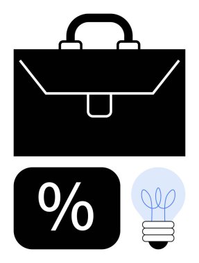 Siyah evrak çantası, yüzde işareti ve ampul iş, mali strateji, yaratıcılık ve ilerleme kavramlarını simgeliyor. Girişimcilik, eğitim, analitik çözümler bankacılık için idealdir