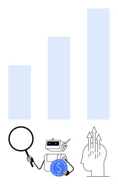 Robot elinde büyüteç ve bozuk para, oklu bir kafa yakınındaki verileri analiz ediyor ve büyüme ve dikey çubuk grafiğini gösteriyor. İş, yapay zeka, analitik, yatırım, büyüme, yenilik ve araştırma için ideal. Düz