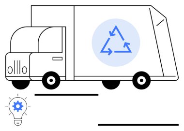 Çevre dostu taşımayı sembolize eden geri dönüşüm işaretli bir kamyon. Yenilik, sürdürülebilirlik, atık yönetimi, lojistik, yeşil enerji ve temiz teknoloji için resimli ampul. İdeal