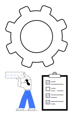 Vites kontrolü, kontrol listesi ve geri bildirim için yıldızlı kişi sınıflandırmasını sembolize ediyor. Takım çalışması, görev tamamlama, iş akışı, değerlendirme, işlem, ilerleme, basit iniş sayfası için ideal