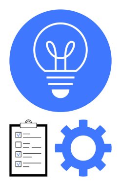 Fikirleri sembolize eden ampul, görev yönetimi için kontrol listesi ve üretkenlik için teçhizat. Yenilik için ideal, iş akışı optimizasyonu, yaratıcılık, planlama, takım çalışması, basit iniş sayfası beyin fırtınası