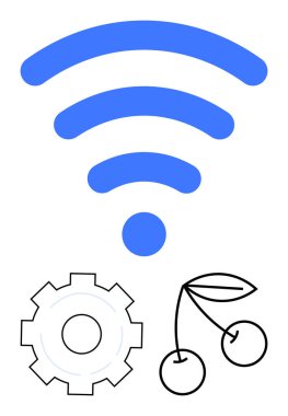 Mavi kablosuz sembol, minimalist siyah-beyaz dişli ve kiraz ikonları teknolojiyi, bağlantıyı, sürdürülebilirliği, verimliliği, işbirliği, yenilik, beslenme ve basit bir inişi sembolize eder.