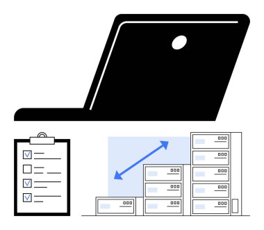 Siyah dizüstü bilgisayar silueti, listeli pano ve sunucu yığınları görev organizasyonunu, veri ölçeklenebilirliğini ve sistem verimliliğini vurguluyor. Teknoloji, üretkenlik, bilişim, ölçeklenebilir çözümler için ideal