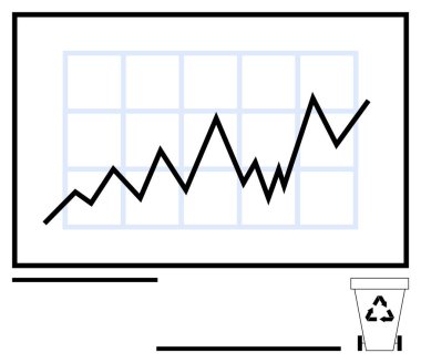 Şebeke içinde yükselen veri çizgisi grafiği, köşedeki geri dönüşüm kutusuyla birleşti. Sürdürülebilirlik, büyüme, analiz, atık yönetimi, çevre dostu, ekonomi, basit iniş sayfası için ideal