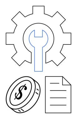 Dişli ve İngiliz anahtarı teknik bakımı simgeler, maddi açıdan dolar parası ve kayıt tutmak için belge. İş için ideal, finans, işlemler, destek, onarım, planlama dairesi için basit