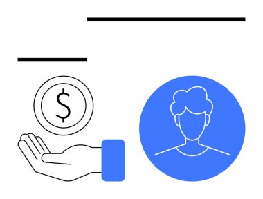 El ele tutuşan dolar sikkesi, finansal etkileşimi, kullanıcı profilini ya da monetizasyonu simgeleyen mavi profil simgesinin yanında. Finans, ağ oluşturma, dijital platformlar, kullanıcı arayüzü, iş dünyası ve takım için ideal