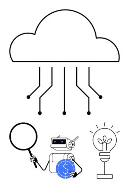 Robot, ampulün yanında bağlı düğümlerle birlikte büyüteç ve madeni parayı bulutun altında tutuyor. Teknoloji, yapay zeka, yenilik, bulut hesaplama, veri analizi, fintech, otomasyon için ideal. Düz basit