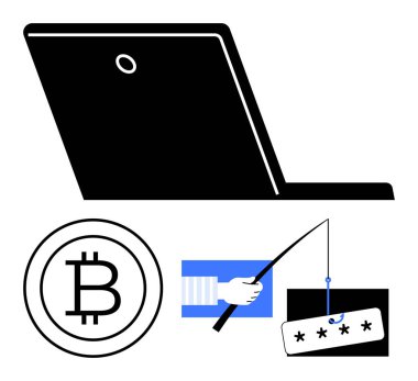 Dizüstü bilgisayar, Bitcoin logosu ve şifreleme kancası hedefleme şifreleri kripto para biriminin kırılganlığını gösteriyor. Siber güvenlik, çevrimiçi güvenlik, hackleme önleme, dolandırıcılık alarmı, dijital para birimi riskleri için ideal