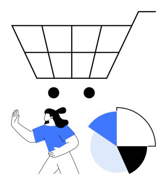 Alışveriş arabasının ve turta grafiğinin yanında durup e-ticaret eğilimlerini, karar verme mekanizmasını ve piyasa analizini gösteren bir kadın. Perakende, analitik, tüketici davranışı, etik seçimler, bütçe