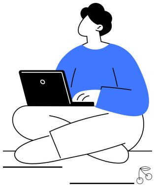 Dizüstü bilgisayarı olan kişi bağdaş kurup işine odaklanıyor. Temalar için ideal teknoloji, uzaktan çalışma, eğitim, üretkenlik, rahatlama, dijital öğrenme yaratıcılığı. Düz basit metafor