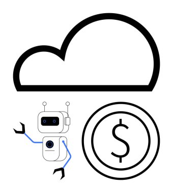 Anteni ve mekanik kolları olan bir robot bulut hatlarının altında bir dolar madeni paranın yanında. Teknoloji, robot bilimi, finans, yapay zeka, otomasyon, bulut hesaplama, basit iniş sayfası için ideal