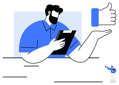 Pano tutan kişi, uzatılmış el baş parmağını kaldırıyor. Üretkenlik, onay, takım çalışması, karar verme, liderlik, yönetim geri bildirimi için ideal. Basit düz metafor