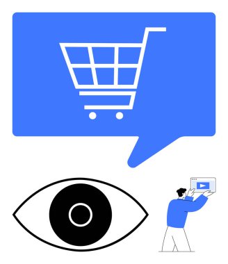 Konuşma balonunda alışveriş arabası e-ticareti temsil ediyor, analitik için göz sembolü ve içerik oluşturma ekranı tutan figür. Pazarlama, dijital reklam, çevrimiçi satış ve içerik stratejisi için ideal
