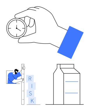 Zamanı temsil eden kronometre, RISK etiketli blokları ölçen kişi ve karton kutu zamanlamayı, karar verme mekanizmasını ve lojistiği öneriyor. Üretkenlik, risk değerlendirmesi ve zaman için ideal