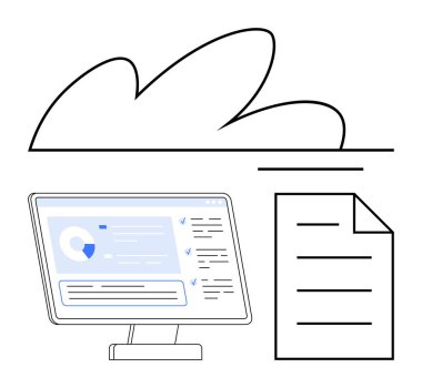 Bilgisayar monitörlü bulut sembolü çizelgeleri ve metin dokümanı ana hatlarını vurgular ağ, veri paylaşımı, bulut teknolojisi, uzaktan çalışma, dijital işbirliği, analitik, düz basit