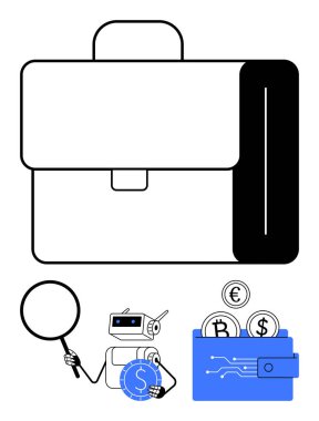 Evrak çantası, robot bitcoin ve avroyu büyüteçle inceliyor, içinde dijital paralar bulunan klasör. Finans, kripto para birimi, yapay zeka araçları, varlık izleme, veri analizi, fintech modern bankacılık için ideal