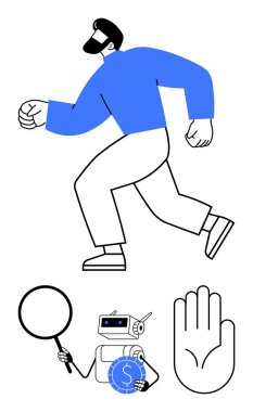 Hareketli stil sahibi, büyüteç, para ikonlu robot ve el kaldırmayı kes. Yapay zeka geliştirme, veri arama, finans, etik uyarı analizi ve karar verme süreci için idealdir. Kalın düz basit.