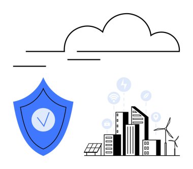 İşaretli mavi kalkan, akıllı şehir silueti yenilenebilir enerji simgeleri ve yukarıdaki bulut. Veri güvenliği, teknoloji, sürdürülebilirlik, temiz enerji, kentsel yönetim bulut hesaplaması için ideal