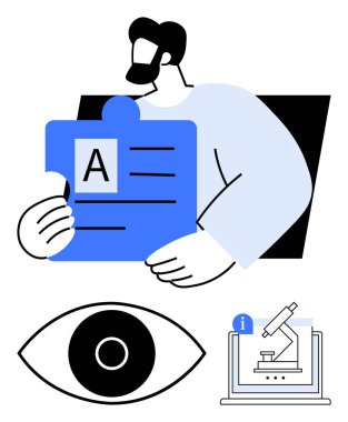 Elinde mavi bir yapboz parçası, vizyonu temsil eden bir göz simgesi ve araştırma için dizüstü bilgisayarda bir mikroskop tutan bir adam. Eğitim, bilim, odaklanma, analiz, vizyon, keşif için ideal basit bir iniş sayfası