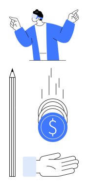 Adam yukarıyı, kalemi, dolar işaretli bozuk paraları gösteriyor ve elini açıyor. Yaratıcılık, iş dünyası, finans, yenilik, yatırım ekonomisi eğitimi için ideal basit bir iniş sayfası