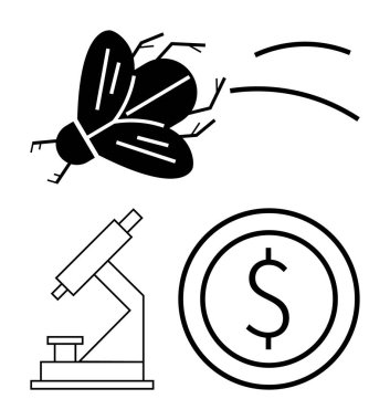 Mikroskop, uçan böcek ve dolarla birlikte para. Bilim araştırması, yatırım, biyoloji, yenilik, eğitim iş analizi ekolojisi için idealdir. Basit iniş sayfası için basit biçim