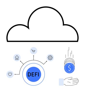 Bulut silueti, ev, alışveriş, ayarlar, kalp, dijital el yakalama paraları için ikonları bağlayan DEFI merkezi. Engelleme zinciri, fintech, ağ oluşturma bulut hesaplama finans yatırımı için ideal