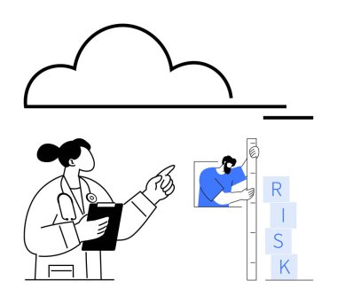 Boyunu ölçen bir adamın yanındaki risk değerlendirme bloklarını gösteren panosu olan bir doktor. Sağlık, risk yönetimi, analiz, strateji, karar verme, takım çalışması, basit iniş sayfası için ideal