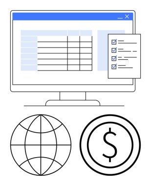 Bilgisayar ekranı, hesap tablosu ve kontrol listesi, altında dünya ve dolar işareti var. Finans, planlama, üretkenlik, ağ oluşturma, çevrimiçi araçlar, uluslararası ticaret, basit iniş sayfası için ideal
