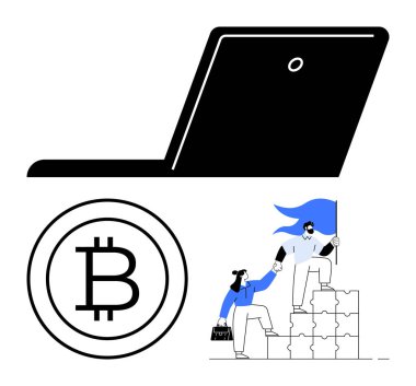 Laptop silueti, Bitcoin sembolü ve elinde bayrak olan iki profesyonel bulmaca engeli merdivenlerini tırmanıyor. Kripto para birimi, takım çalışması, başarı, yenilik, dijital çözümler, liderlik için ideal
