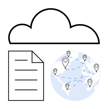 Belgenin üzerinde bulut ve noktalı çizgilerle birbirine bağlı konum iğneleriyle dünyayı haritaladı. Bulut hesaplama, veri depolama, küresel ağ oluşturma, dijital iletişim, işbirliği, dosya paylaşımı için ideal