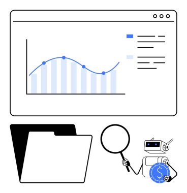 Performans ölçüleri, dosya klasörü, arama büyüteci ve bozuk para tutan yapay zeka robotu olan çizelge. Veri analizi, finansal eğilimler, yapay zeka araçları, otomasyon, teknolojik yenilik araştırma dairesi için ideal
