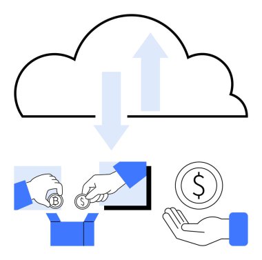 Okları olan bulut, el ele tutuşan para, bağış kutusu, parasal sembol. Finans, teknoloji, kitle fonlama, işlemler, e-ticaret dijital bankacılık basit iniş sayfası için ideal