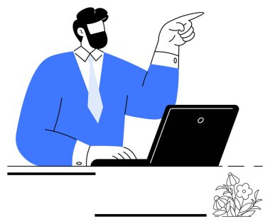 Mavi takım elbiseli ve kravatlı bir iş adamı dizüstü bilgisayar kullanıyor, bilerek hareket ediyor. Liderlik için ideal, takım çalışması, planlama, strateji, çevrimiçi iletişim, iş büyümesi, basit iniş sayfası