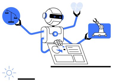 Hukuki ölçekler, kalp sağlığı, robotik kol ve etkileşimli veri ekranı ile gelecekçi robot jonglörlüğü görevleri. Teknoloji için ideal, etik, otomasyon, yenilik, sağlık dengesi basit iniş sayfası