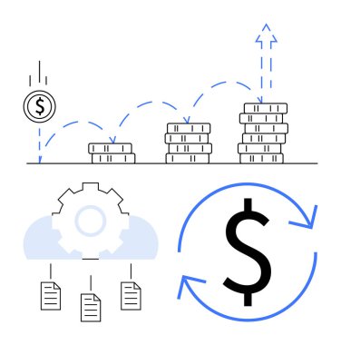 Artan madeni para yığınları finansal büyümeyi gösteriyor, bulut bağlayıcı belgelerin altında vites, ve ok dairesel dolar. Finans, yatırım, kalkınma, strateji, veri işleme ve yenilik için ideal