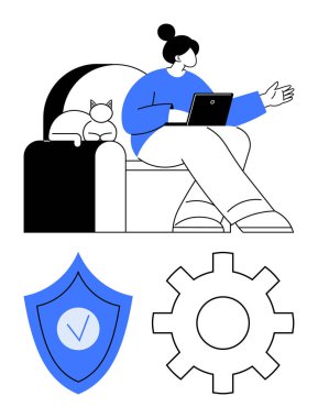 İşbirliği için dizüstü bilgisayar kullanan bir kadın. Konuşurken el kol hareketi yapıyor. Kedi dinlenme ekipmanları ve kalkan simgeleri güvenlik, ayarlar ve verimliliği vurgularken. Takım çalışması, teknoloji ve iletişim için ideal