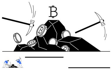 Kazmalar dijital bir dağa bozuk paralar ve üzerinde Bitcoin logosu ile çarpıyor. Kripto para birimi, dijital ekonomi, engelleme zinciri, fintech, yatırım, teknoloji, madencilik metaforu için ideal. Düz basit