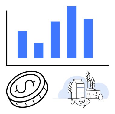 Büyüme verilerini gösteren çubuk grafik, madeni değeri temsil eden madeni para ve yiyecek öğeleri buğdayın yanında balık, peynir ve sütü de işaret ediyor. İş analizi, ekonomi, tarım ve finansman için ideal