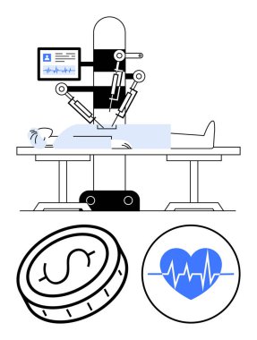 Robotik cerrahi sistem dijital tıbbi veri ekranı olan bir hastayı, maliyeti temsil eden madeni parayı ve kalp izleme sembolünü ameliyat eder. Yenilik, sağlık, otomasyon, tıbbi ve teknoloji için ideal