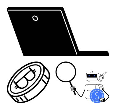 Bitcoin 'li dizüstü bilgisayar, soruşturmayı sembolize eden cam büyüteç, yapay zeka teknolojisini vurgulayan para tutan robot. Kripto para birimi, fintech, yapay zeka, araştırma, teknoloji ve finans için ideal