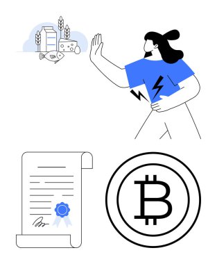 Kadın süt ürünlerini itiyor, sürdürülebilir seçenekleri vurguluyor. Blockchain sertifikalı belge ve Bitcoin logosu içeriyor. Sürdürülebilirlik, engelleme zinciri, kripto para birimi ve minimalizm için ideal